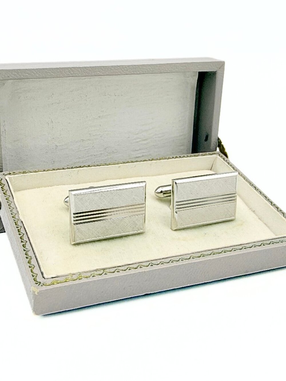 Swank Signed MCM Rectangular Etched Florentine Finish Silver Plated Cufflinks